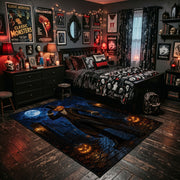 midnight witch and glowing pumpkin faux velvet Halloween area rug, soft surface detail