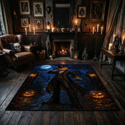 midnight witch and glowing pumpkin faux velvet Halloween area rug, wood floor styling