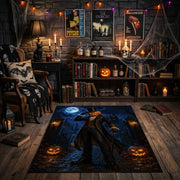 midnight witch and glowing pumpkin faux velvet Halloween area rug, close decorative detail