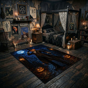 midnight witch and glowing pumpkin faux velvet Halloween area rug, front room mockup