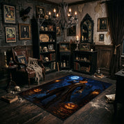 midnight witch and glowing pumpkin faux velvet Halloween area rug, wide interior view
