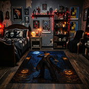 midnight witch and glowing pumpkin faux velvet Halloween area rug, design detail view