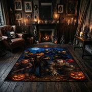 enchanted cat, moon, and pumpkins faux velvet Halloween area rug, featured room view
