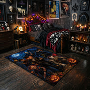 enchanted cat, moon, and pumpkins faux velvet Halloween area rug, cozy home setting