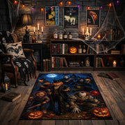 enchanted cat, moon, and pumpkins faux velvet Halloween area rug, close decorative detail