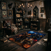 enchanted cat, moon, and pumpkins faux velvet Halloween area rug, wide interior view