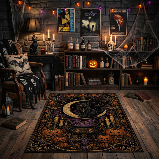 mystic black cat in an ornate frame faux velvet Halloween area rug, featured room view