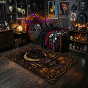 mystic black cat in an ornate frame faux velvet Halloween area rug, cozy home setting