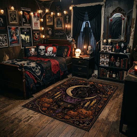 mystic black cat in an ornate frame faux velvet Halloween area rug, angled room view