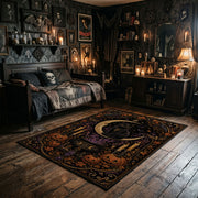 mystic black cat in an ornate frame faux velvet Halloween area rug, full pattern view