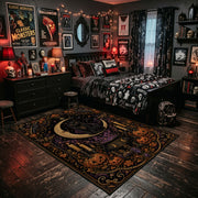 mystic black cat in an ornate frame faux velvet Halloween area rug, wood floor styling