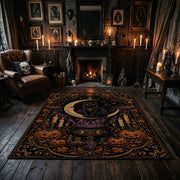 mystic black cat in an ornate frame faux velvet Halloween area rug, close decorative detail