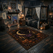 mystic black cat in an ornate frame faux velvet Halloween area rug, front room mockup
