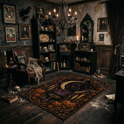 mystic black cat in an ornate frame faux velvet Halloween area rug, wide interior view