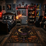 mystic black cat in an ornate frame faux velvet Halloween area rug, design detail view