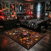retro pumpkin and ghost party faux velvet Halloween area rug, featured room view