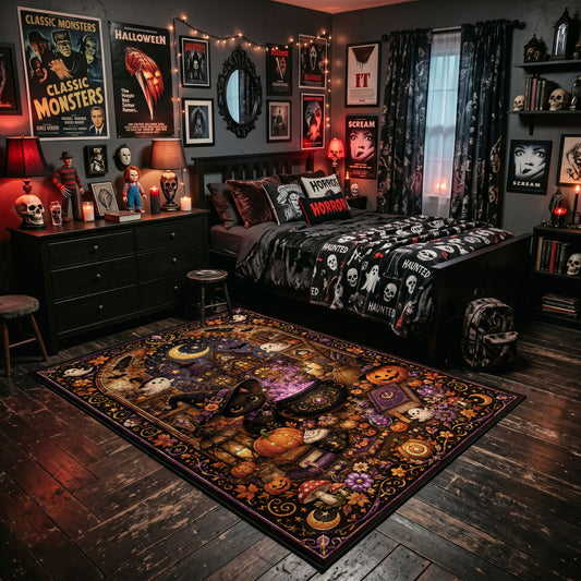 retro pumpkin and ghost party faux velvet Halloween area rug, featured room view