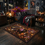 retro pumpkin and ghost party faux velvet Halloween area rug, cozy home setting