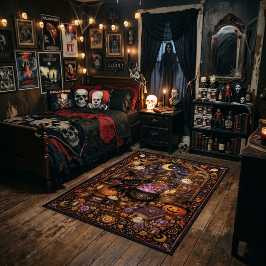 retro pumpkin and ghost party faux velvet Halloween area rug, angled room view