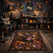 retro pumpkin and ghost party faux velvet Halloween area rug, close decorative detail