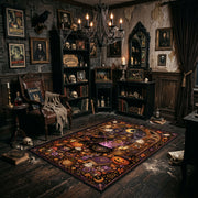 retro pumpkin and ghost party faux velvet Halloween area rug, wide interior view