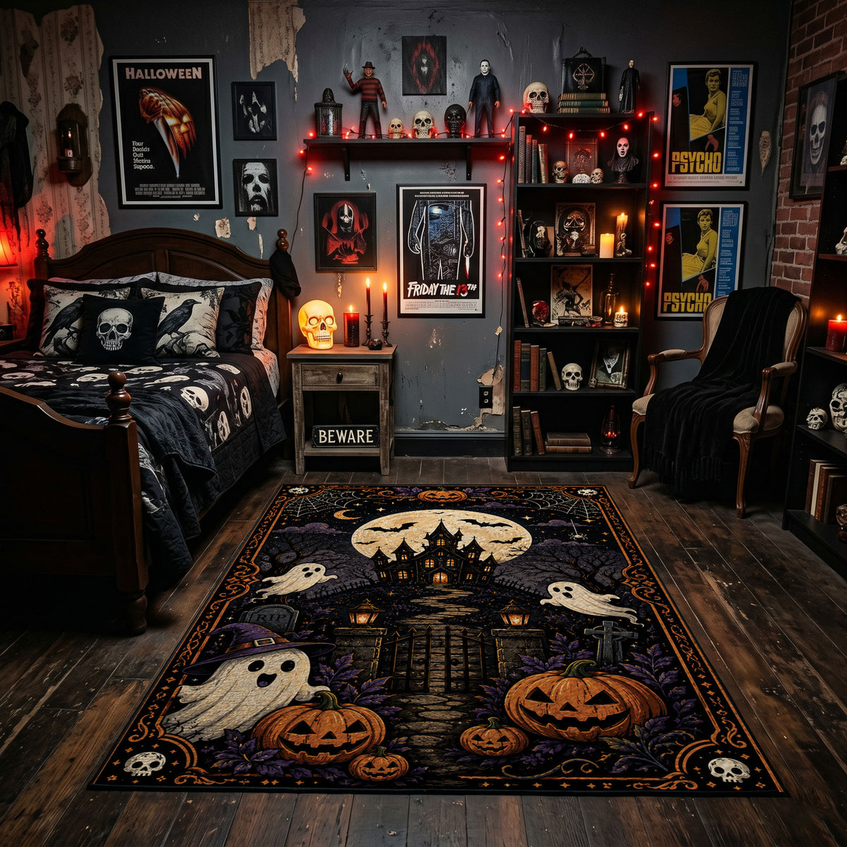 playful dancing ghosts and crescent moon faux velvet Halloween area rug, featured room view