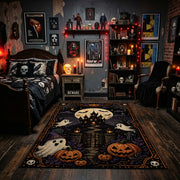 playful dancing ghosts and crescent moon faux velvet Halloween area rug, featured room view
