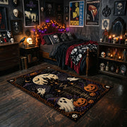 playful dancing ghosts and crescent moon faux velvet Halloween area rug, cozy home setting