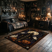 playful dancing ghosts and crescent moon faux velvet Halloween area rug, full pattern view