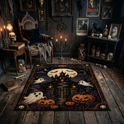 playful dancing ghosts and crescent moon faux velvet Halloween area rug, soft surface detail