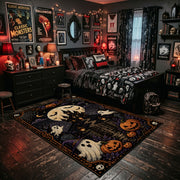 playful dancing ghosts and crescent moon faux velvet Halloween area rug, wood floor styling