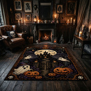 playful dancing ghosts and crescent moon faux velvet Halloween area rug, close decorative detail