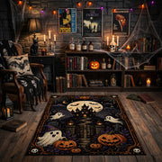 playful dancing ghosts and crescent moon faux velvet Halloween area rug, front room mockup