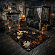 playful dancing ghosts and crescent moon faux velvet Halloween area rug, wide interior view