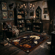 playful dancing ghosts and crescent moon faux velvet Halloween area rug, design detail view