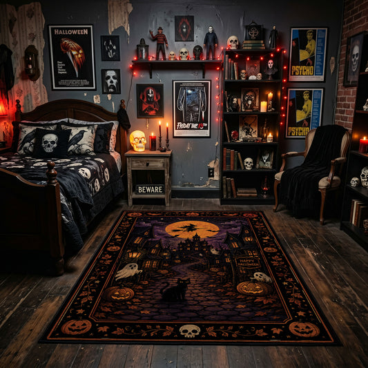 vintage cats, moon, and stars faux velvet Halloween area rug, featured room view
