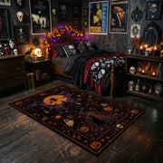 vintage cats, moon, and stars faux velvet Halloween area rug, cozy home setting