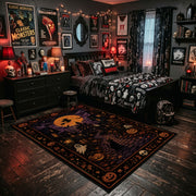 vintage cats, moon, and stars faux velvet Halloween area rug, wood floor styling
