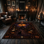 vintage cats, moon, and stars faux velvet Halloween area rug, close decorative detail