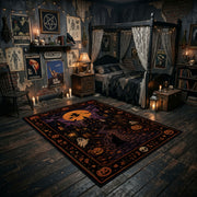 vintage cats, moon, and stars faux velvet Halloween area rug, wide interior view