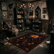 vintage cats, moon, and stars faux velvet Halloween area rug, design detail view