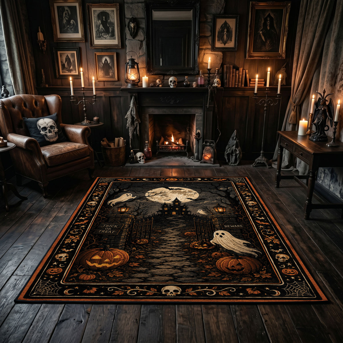 Victorian ghost in an ornate frame faux velvet Halloween area rug, featured room view