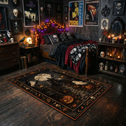 Victorian ghost in an ornate frame faux velvet Halloween area rug, cozy home setting