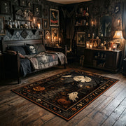 Victorian ghost in an ornate frame faux velvet Halloween area rug, full pattern view