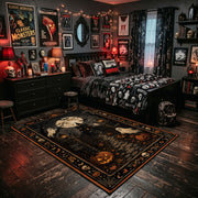 Victorian ghost in an ornate frame faux velvet Halloween area rug, wood floor styling