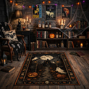 Victorian ghost in an ornate frame faux velvet Halloween area rug, close decorative detail
