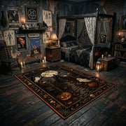Victorian ghost in an ornate frame faux velvet Halloween area rug, front room mockup