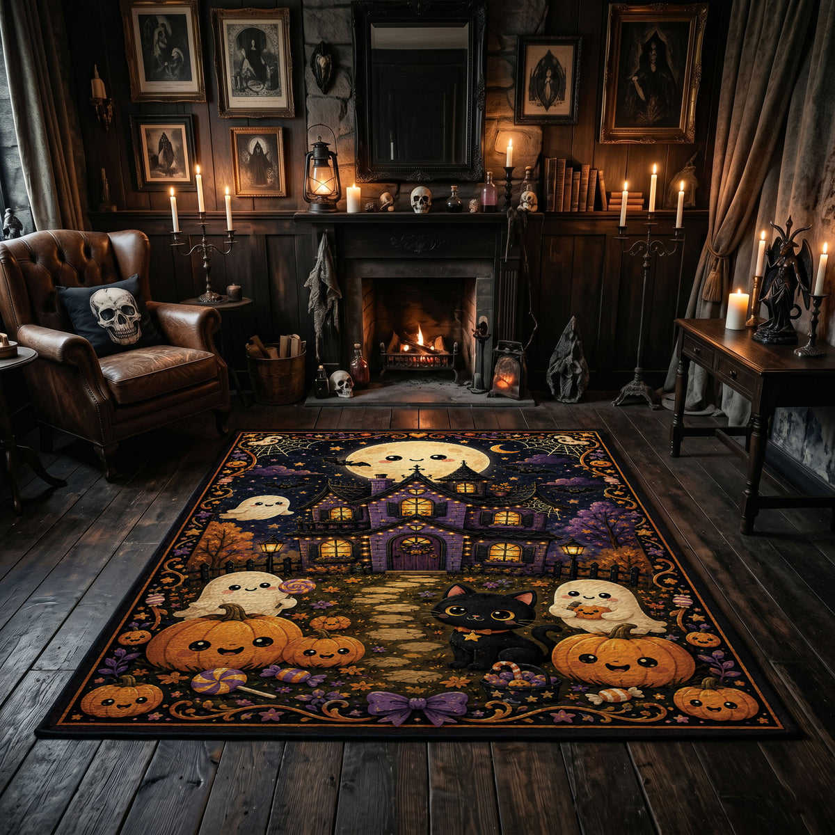 haunted village with pumpkins and ghosts faux velvet Halloween area rug, featured room view