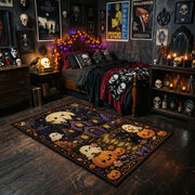 haunted village with pumpkins and ghosts faux velvet Halloween area rug, cozy home setting