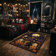 haunted village with pumpkins and ghosts faux velvet Halloween area rug, angled room view
